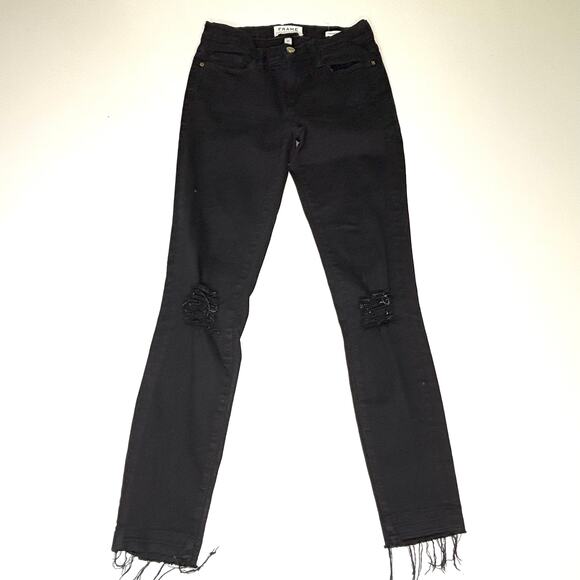 Frame Le Skinny De Jeanne Crop Black Jean Released Hem Frayed Jeans 25 - Picture 4 of 12